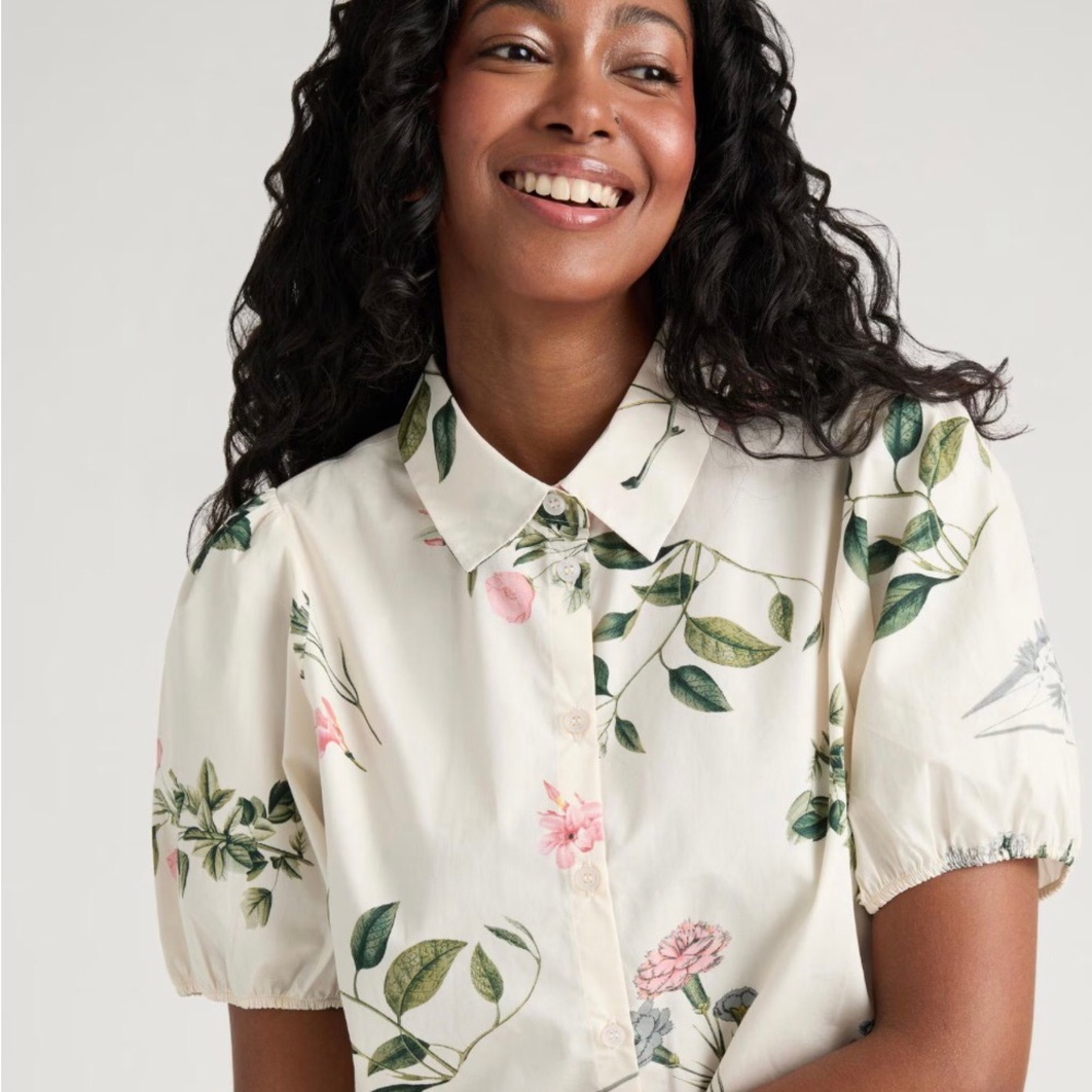 Mexx Floral Puff-Sleeve Button-Up Blouse | Size M
